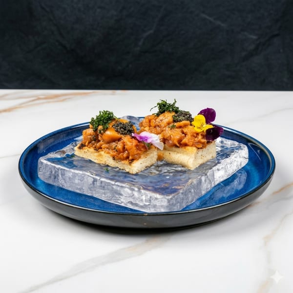 Two uni toasts with caviar and edible flowers on an ice block in a blue dish.