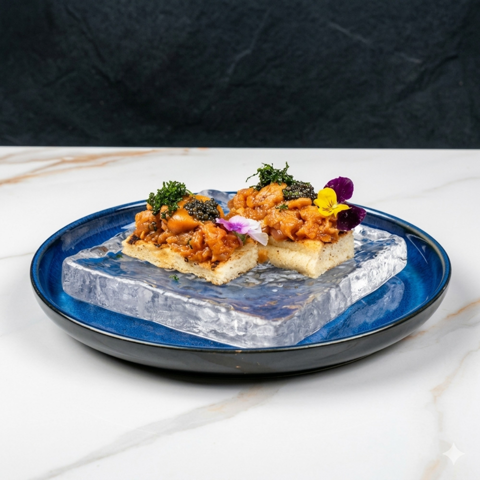 Two uni toasts with caviar and edible flowers on an ice block in a blue dish.
